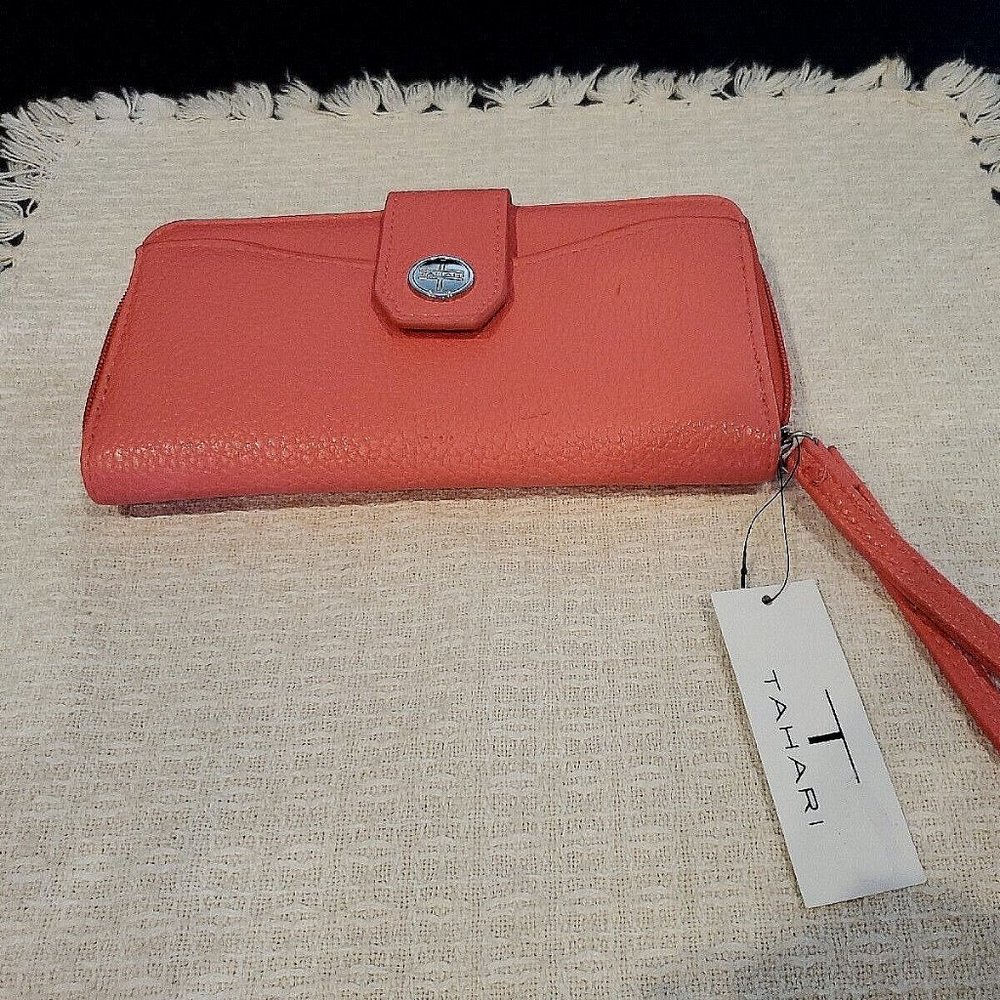 Tahari Wallet Clutch Wristlet RFID Zip Snap Pocket Coral 8”x 4.5” NWT